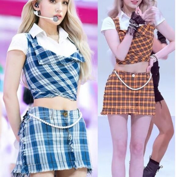 Kpop somi korean style plaid blouse skirt 3 pcs set - Picture 1 of 3